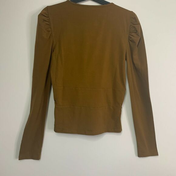 Free People Crop Top Tan Bow‎ Ruffle Deep V-Neck Long Sleeve Women's Size Medium - Picture 3 of 8